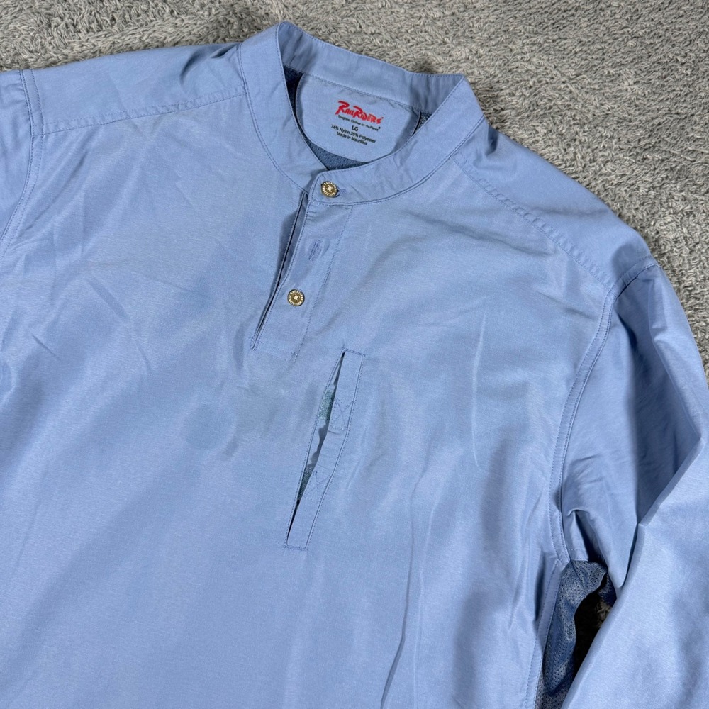RailRiders Performance Fishing Shirt Mens Large Blue Vented Band Collar Pocket
